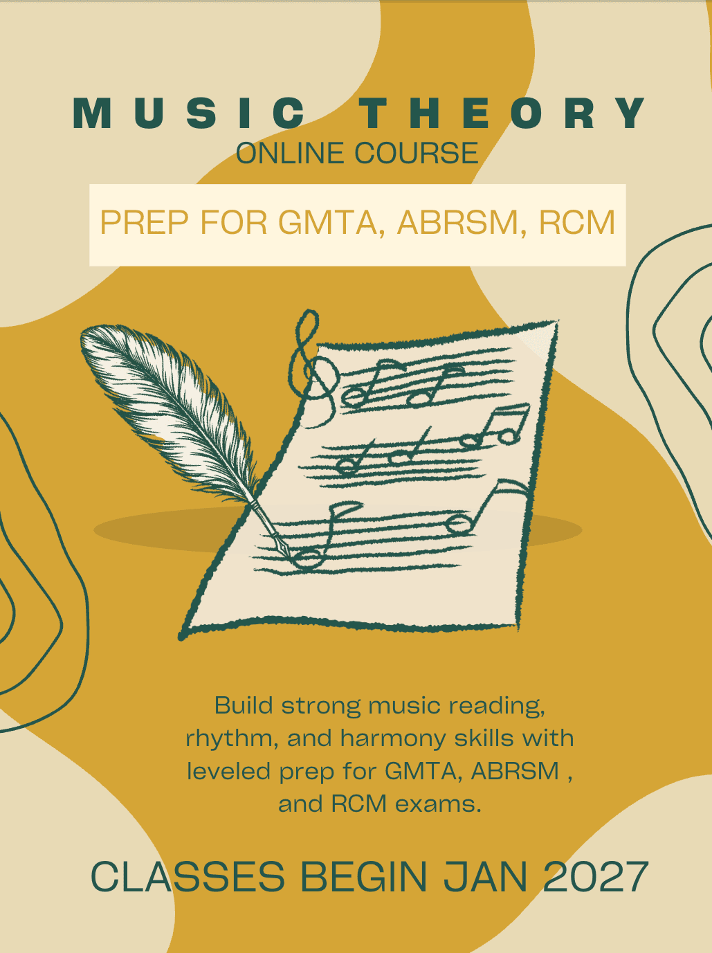 Music Theory online course — leveled prep for GMTA, ABRSM, and RCM exams; classes begin January 2027