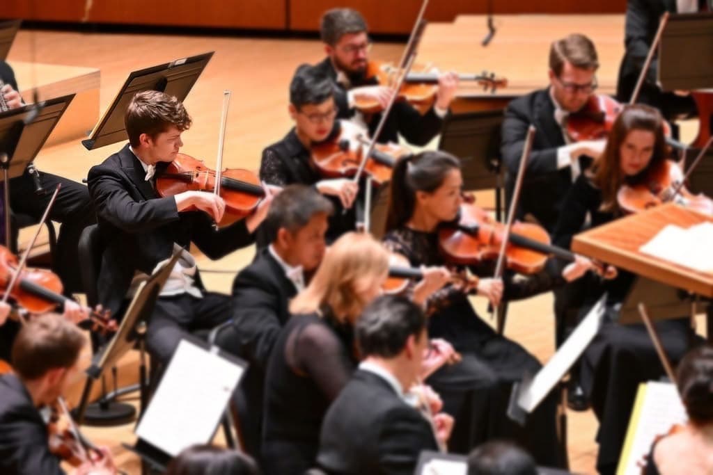 Matthew Eeuwes performing with the violin section of a professional orchestra