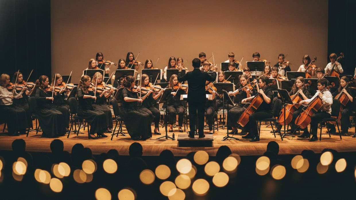 A school string orchestra performing on stage with their conductor