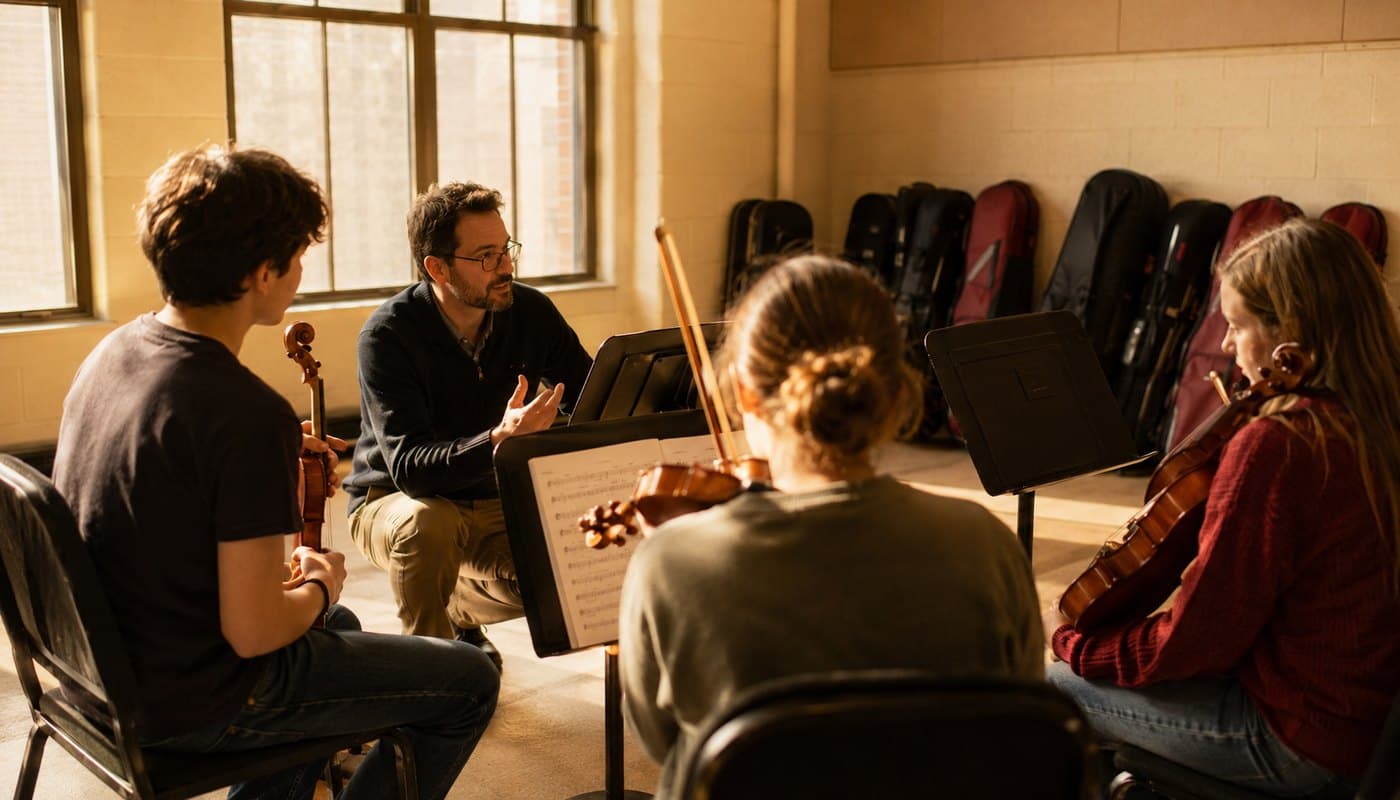 A coach working through a passage with a small group of student string players in a school rehearsal room